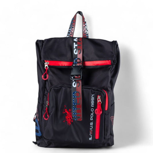 Mochila Unisexo US Polo Preta com Detalhes Vermelhos e Azuis