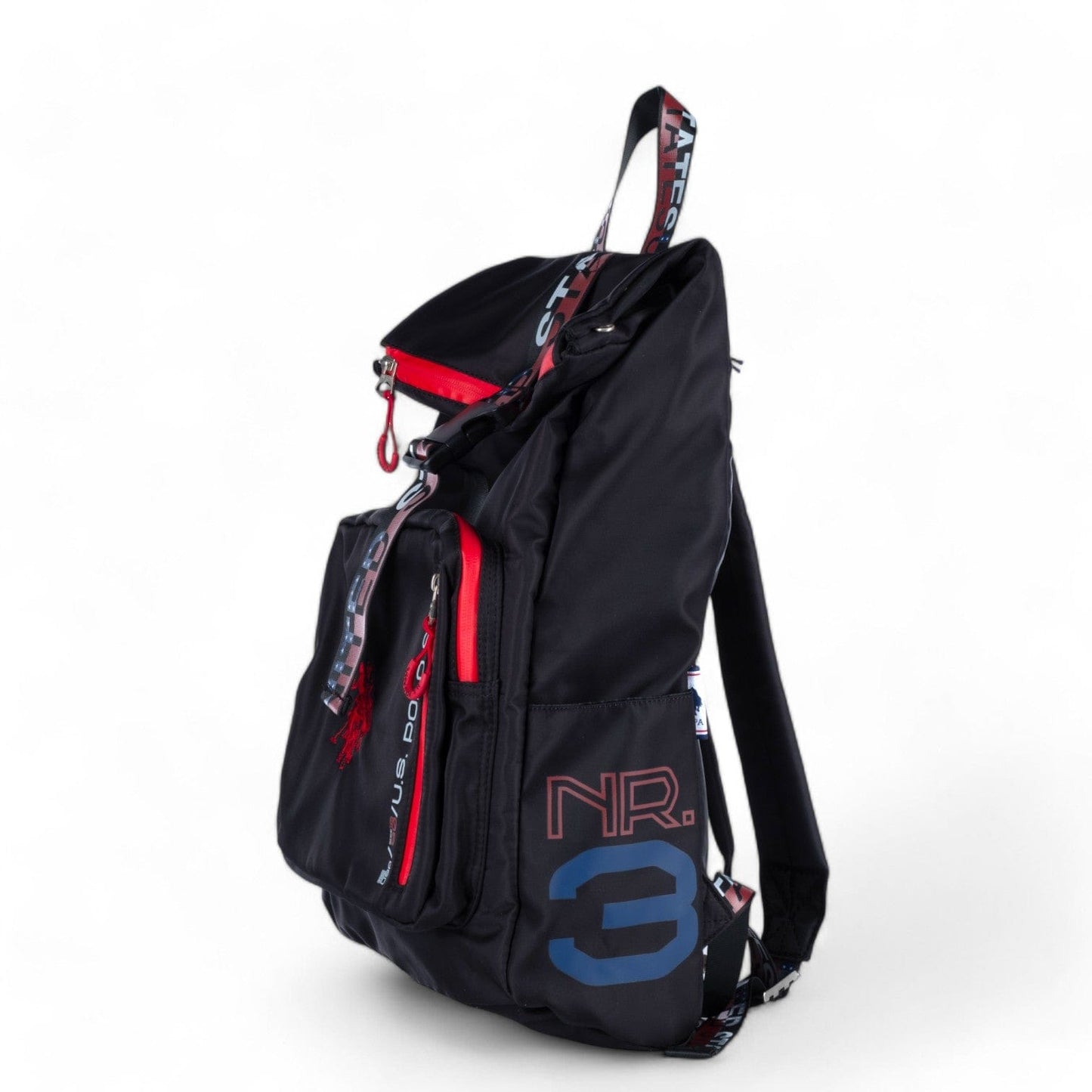 Mochila Unisexo US Polo Preta com Detalhes Vermelhos e Azuis