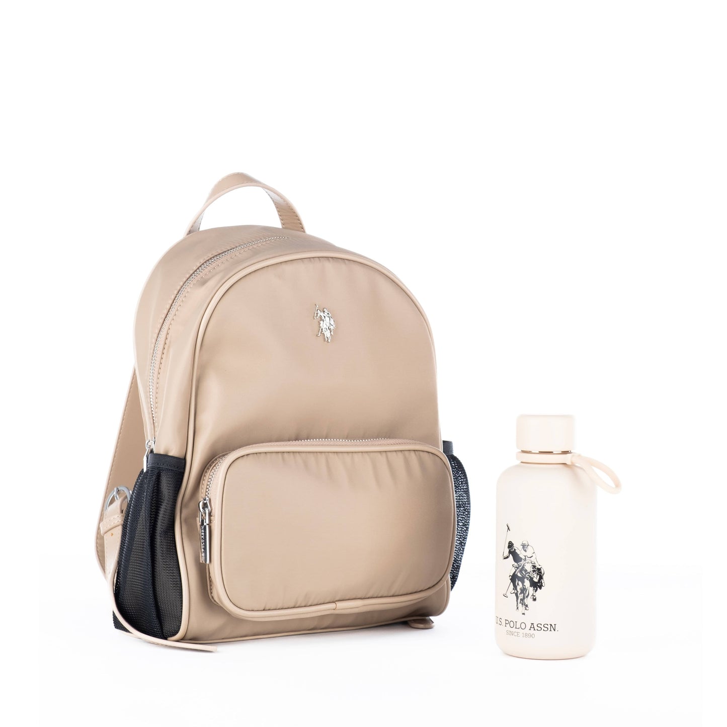 Mochila Unisexo US Polo Bege com Bolso Frontal e Lateral em Rede