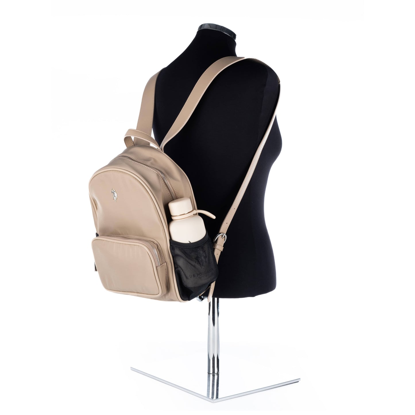 Mochila Unisexo US Polo Bege com Bolso Frontal e Lateral em Rede