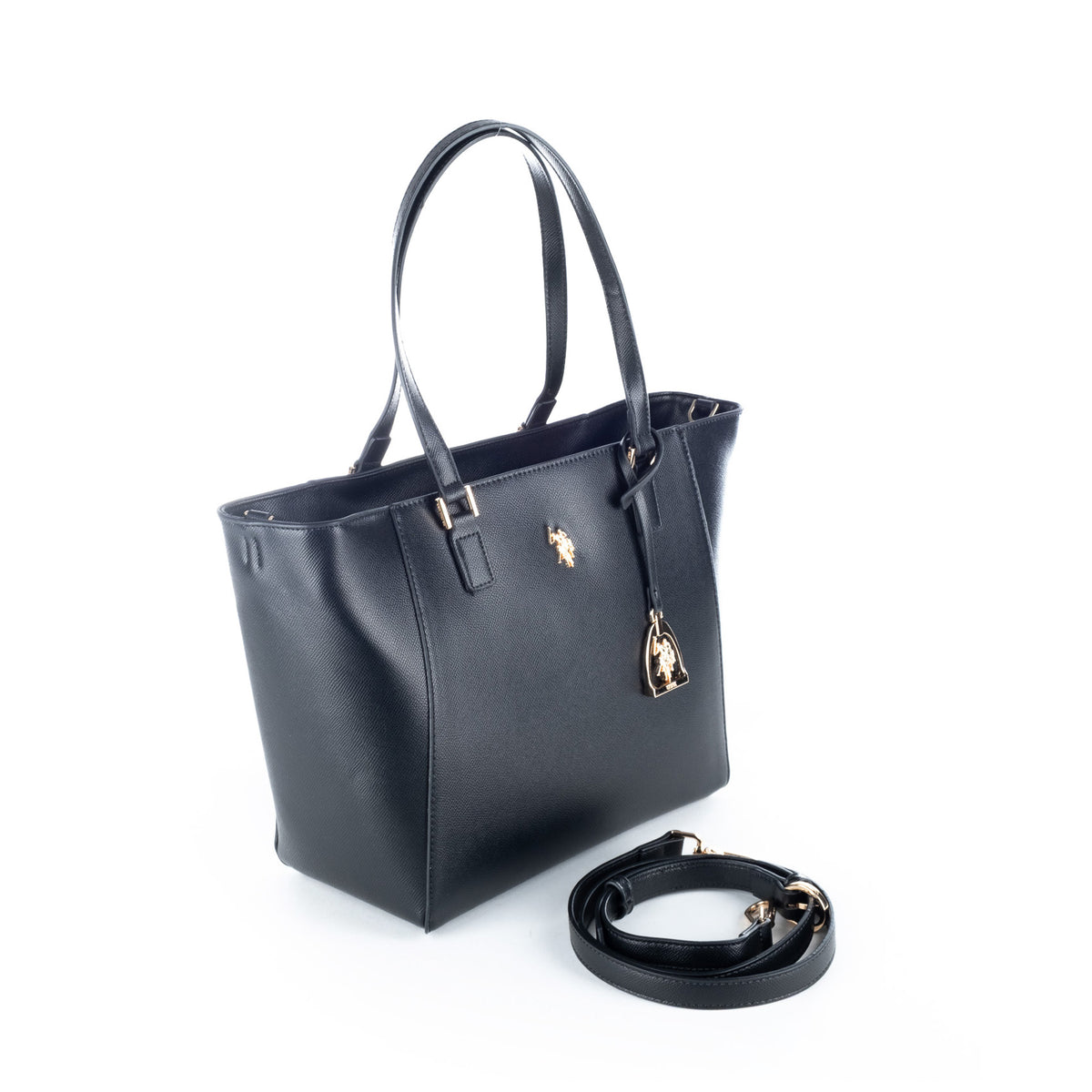 Bolsa Tote U.S. Polo Assn. Preta com Pendente e Detalhes Dourados