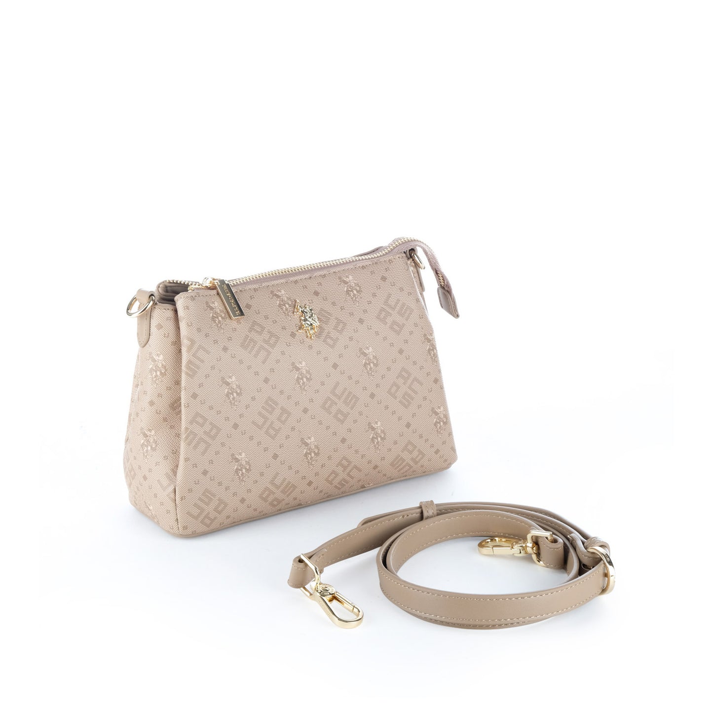 Bolsa Tiracolo U.S. Polo Assn. Bege com Monograma e Logótipo Dourado