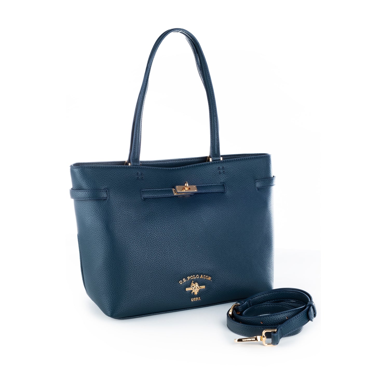 Bolsa Tote U.S. Polo Assn. Azul Escuro com Logótipo Dourado e Alça Removível