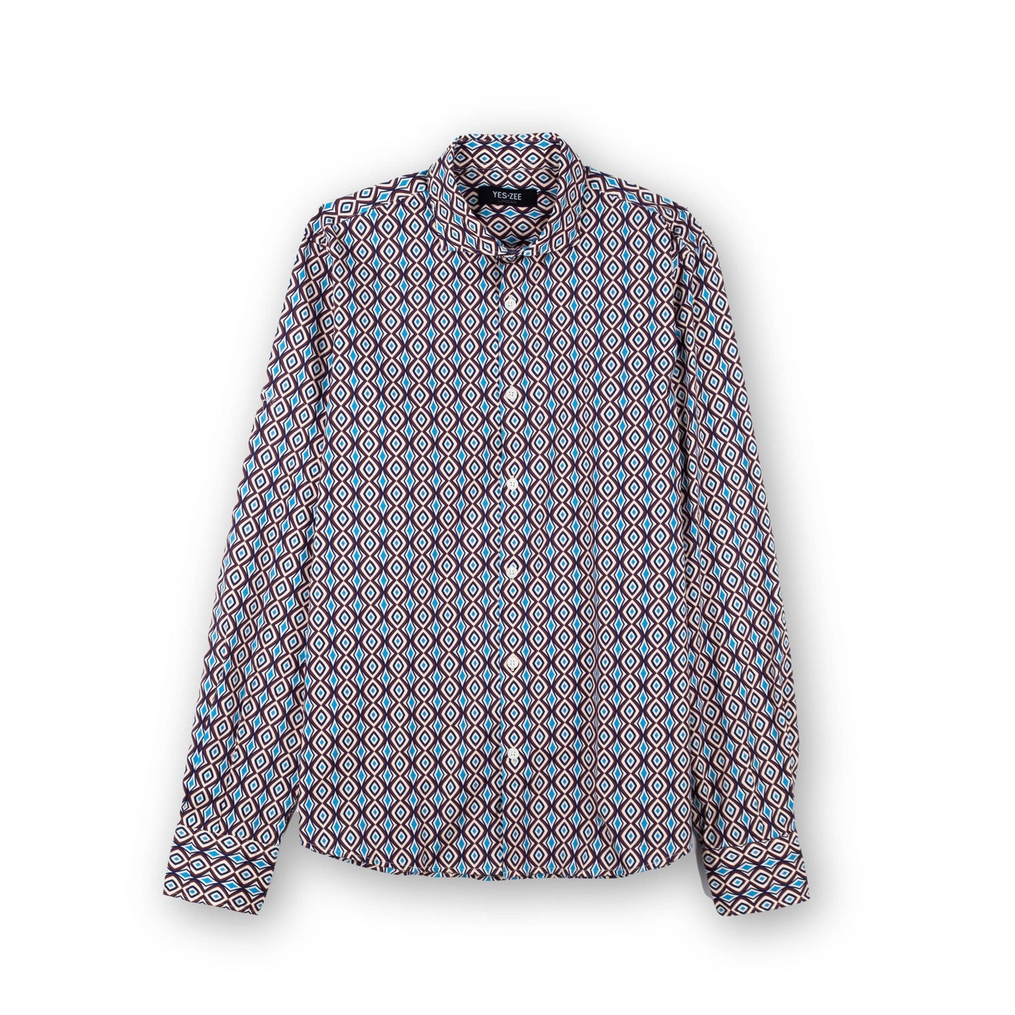 Camisa Homem Yes Zee Padrao Geometrico Castanho e Azul