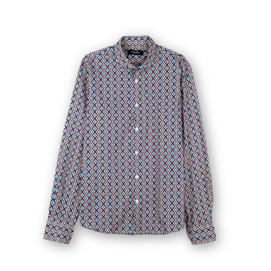 Camisa Homem Yes Zee Padrao Geometrico Castanho e Azul