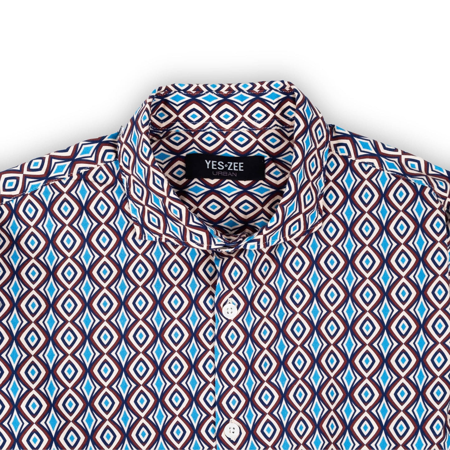Camisa Homem Yes Zee Padrao Geometrico Castanho e Azul