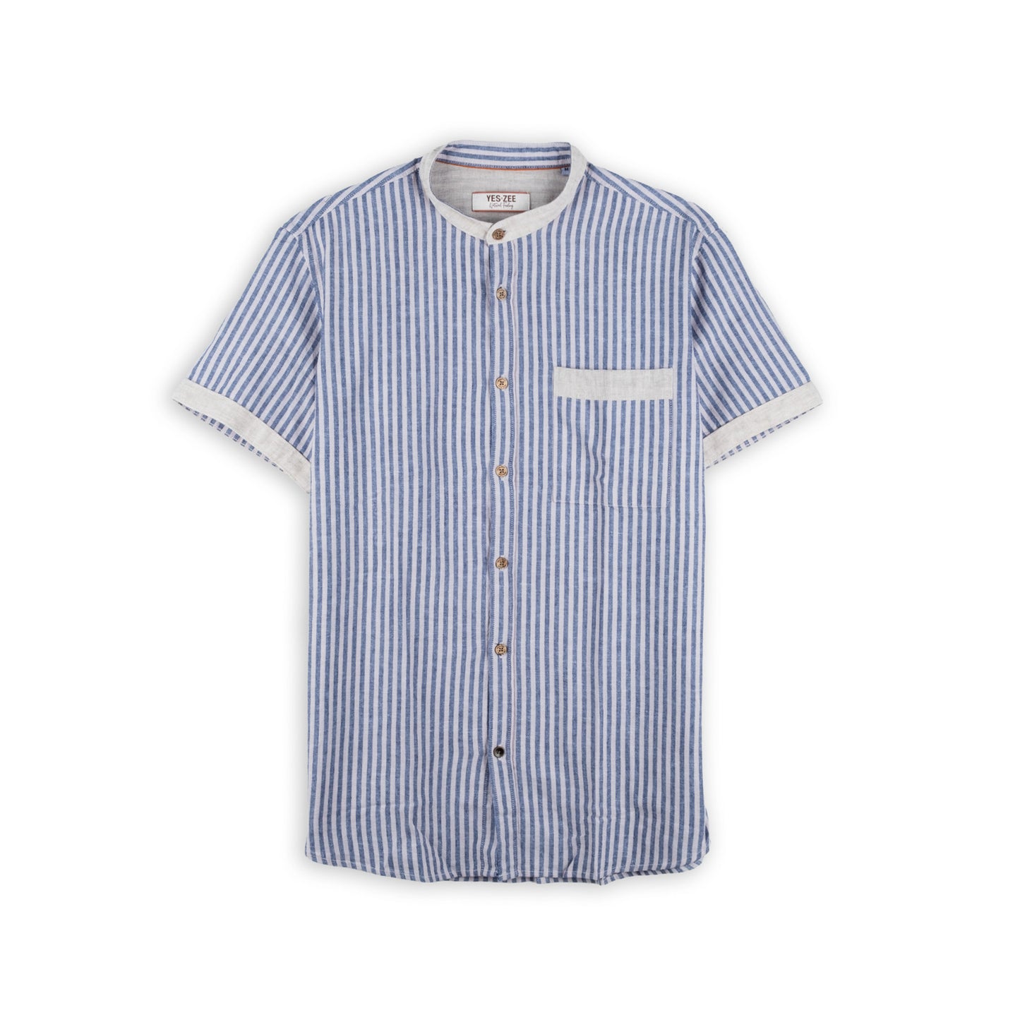 Camisa Homem Yes Zee Azul e Branca de Manga Curta às Riscas com Bolso
