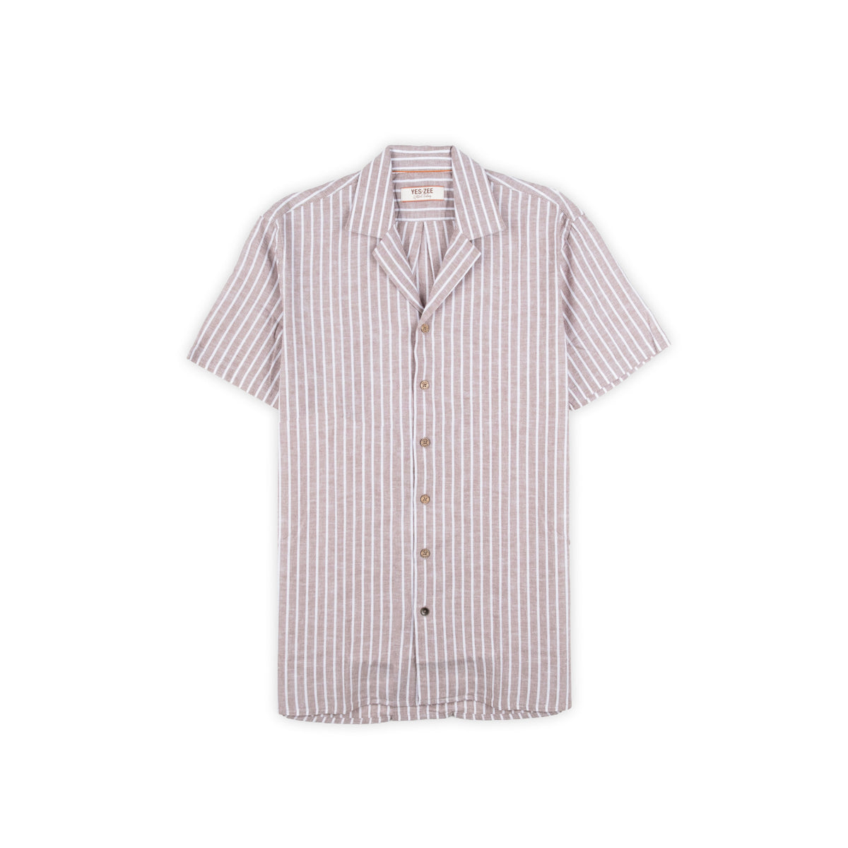 Camisa Homem Yes Zee Bege de Manga Curta às Riscas com Colarinho Aberto