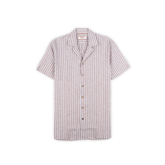 Camisa Homem Yes Zee Bege de Manga Curta às Riscas com Colarinho Aberto