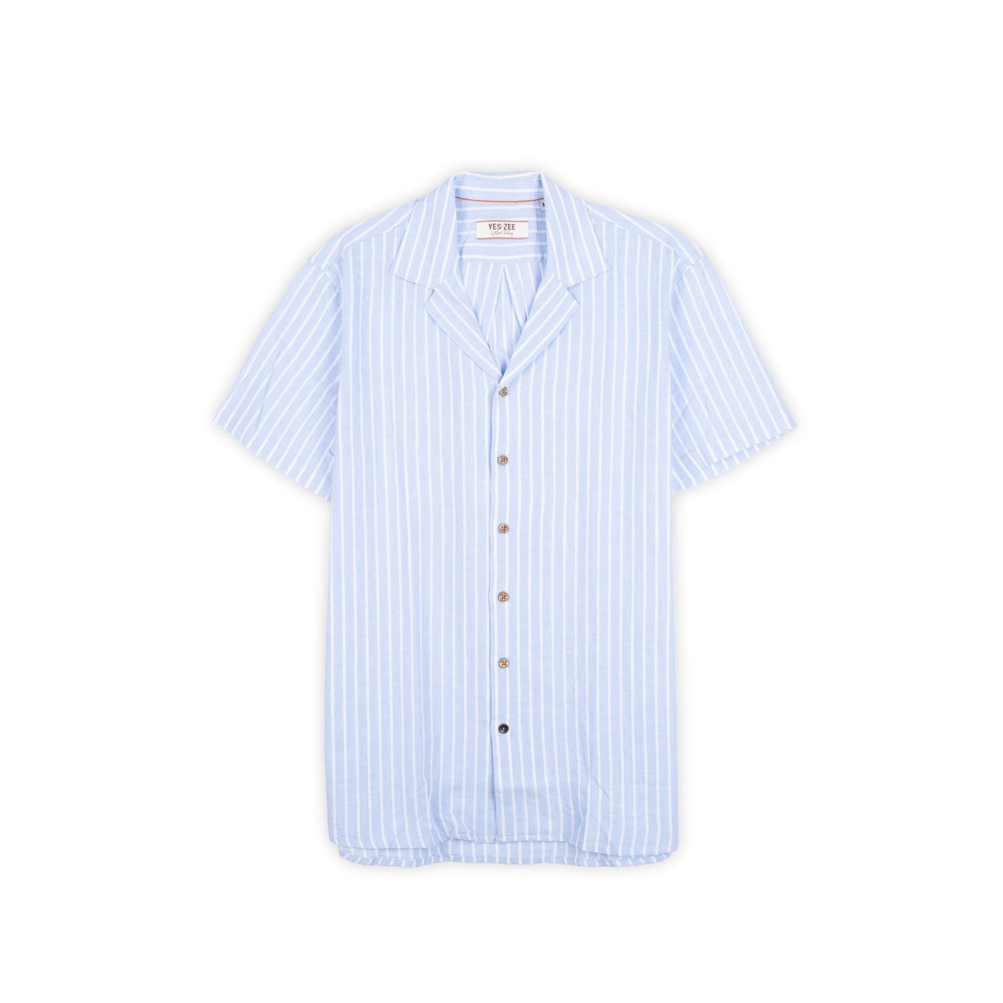 Camisa Homem Yes Zee Azul-Clara de Manga Curta às Riscas com Colarinho Aberto