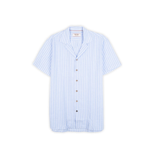 Camisa Homem Yes Zee Azul-Clara de Manga Curta às Riscas com Colarinho Aberto