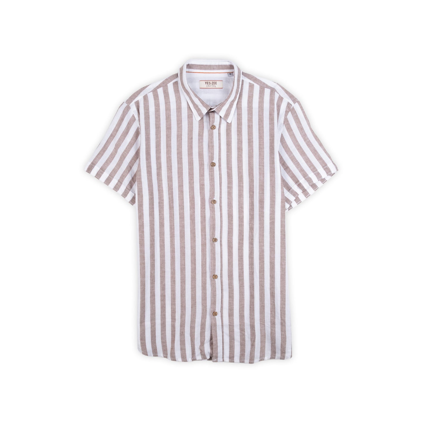 Camisa Homem Yes Zee Bege e Branca de Manga Curta às Riscas
