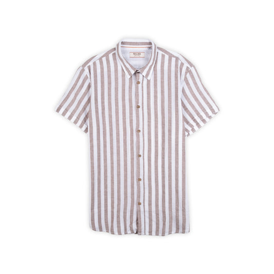 Camisa Homem Yes Zee Bege e Branca de Manga Curta às Riscas