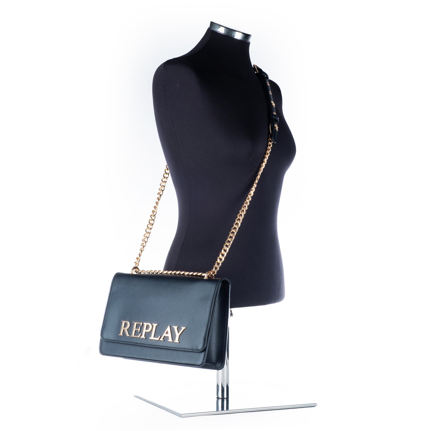 Bolsa Clutch Replay Azul com Logo Metálico e Fecho de Clique