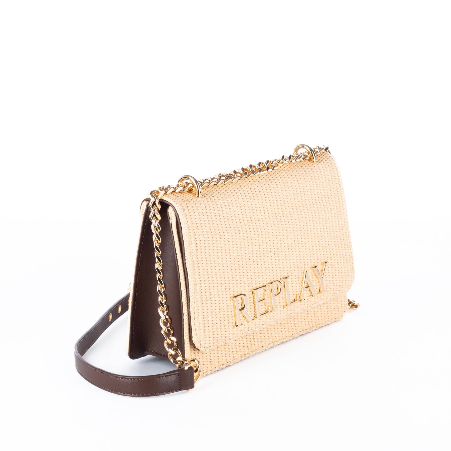 Bolsa Tiracolo Feminina Replay Bege com Detalhes Dourados