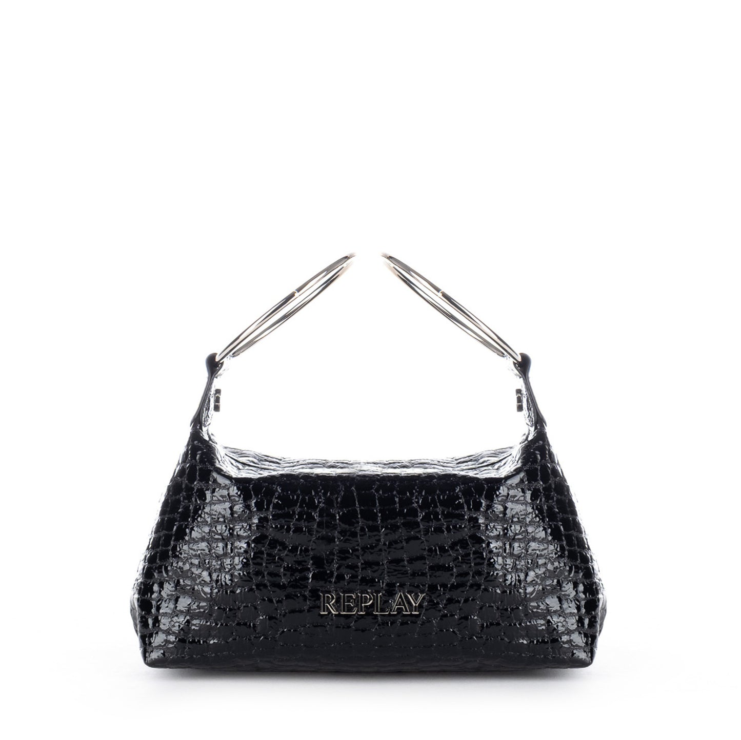Bolsa de Ombro Replay Preta com Efeito Crocodilo Brilhante e Alças Metálicas