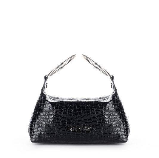 Bolsa de Ombro Replay Preta com Efeito Crocodilo Brilhante e Alças Metálicas