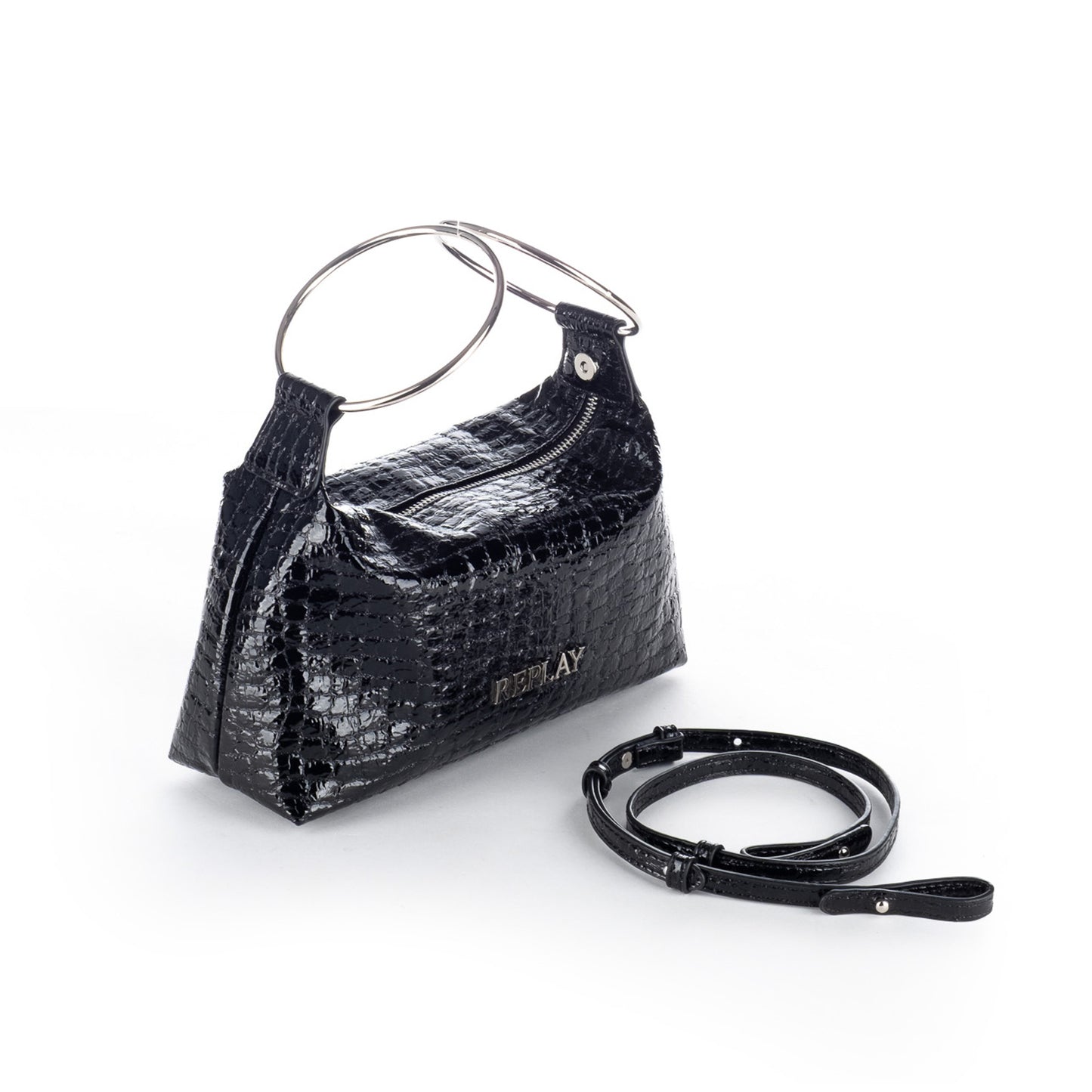 Bolsa de Ombro Replay Preta com Efeito Crocodilo Brilhante e Alças Metálicas