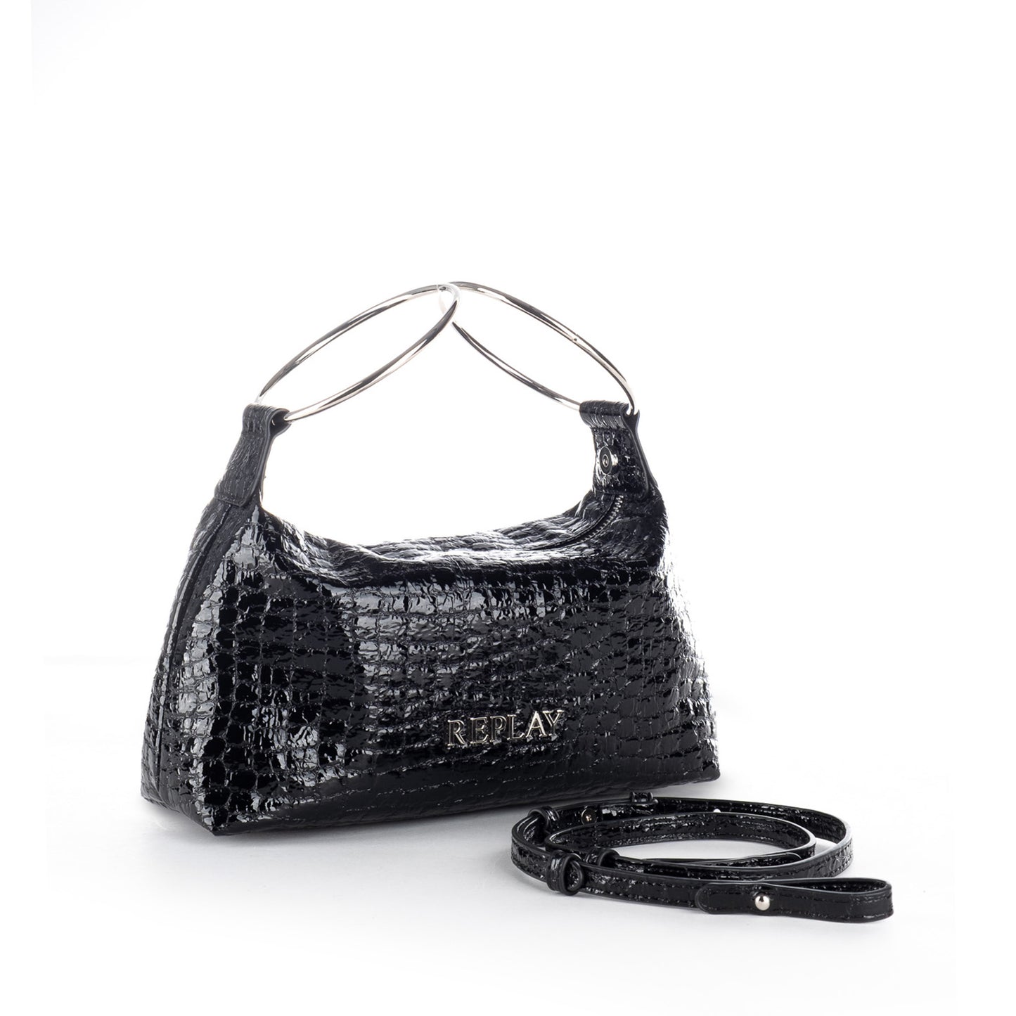 Bolsa de Ombro Replay Preta com Efeito Crocodilo Brilhante e Alças Metálicas