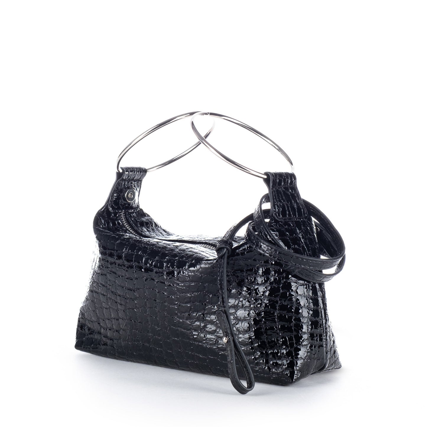 Bolsa de Ombro Replay Preta com Efeito Crocodilo Brilhante e Alças Metálicas