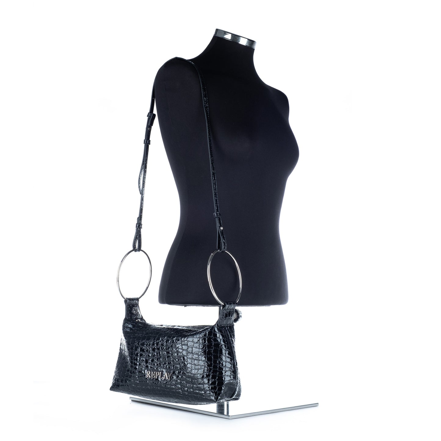 Bolsa de Ombro Replay Preta com Efeito Crocodilo Brilhante e Alças Metálicas