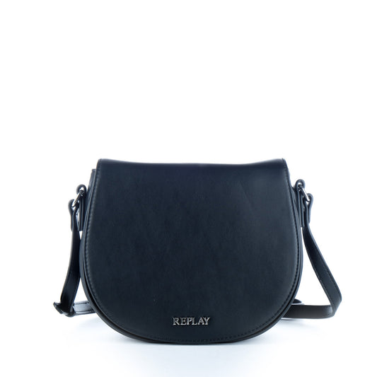 Bolsa Tiracolo Replay Preta com Aba Curva e Logótipo Metálico