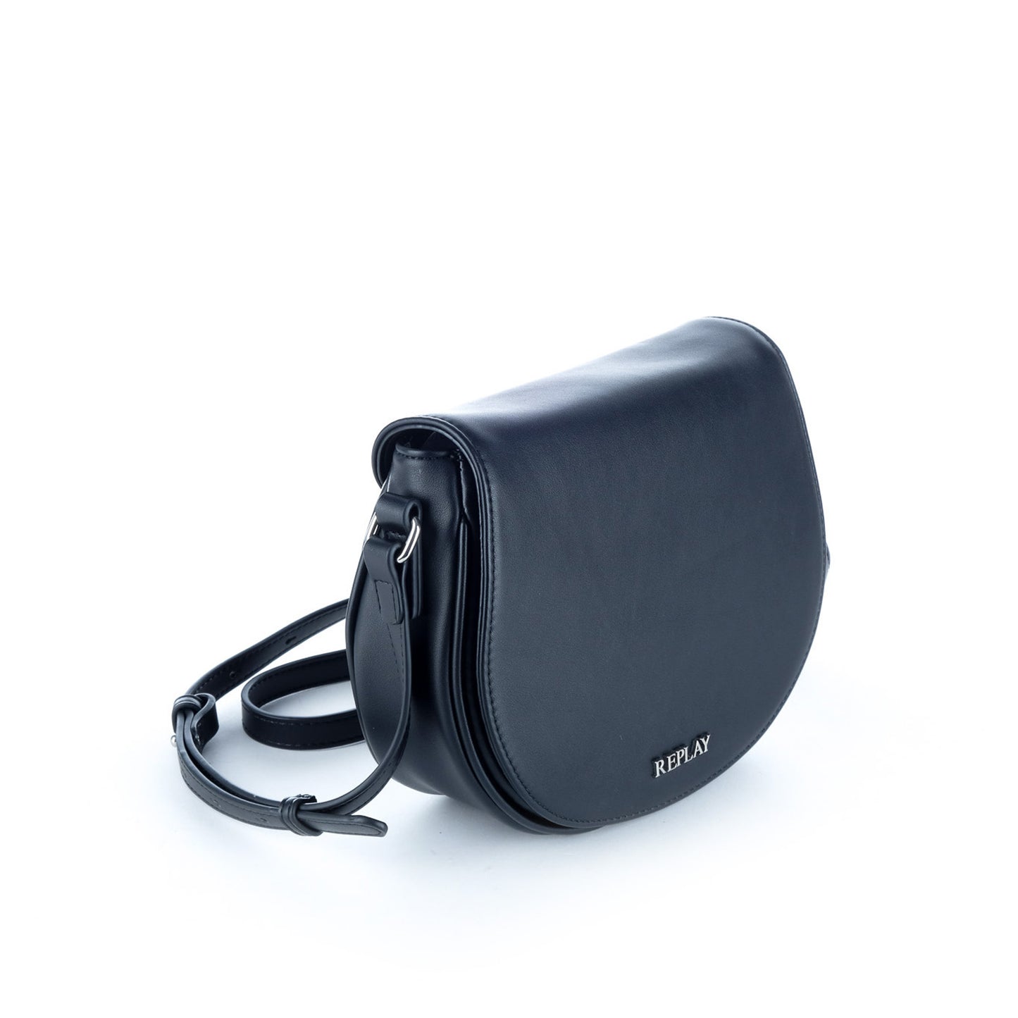 Bolsa Tiracolo Replay Preta com Aba Curva e Logótipo Metálico