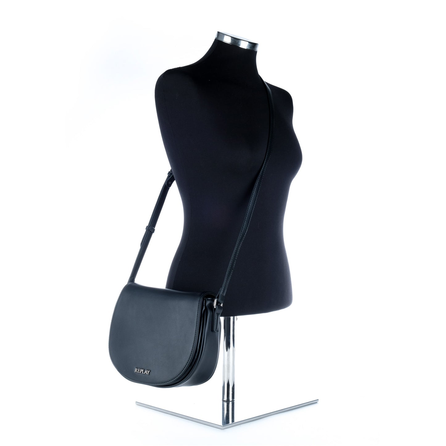 Bolsa Tiracolo Replay Preta com Aba Curva e Logótipo Metálico