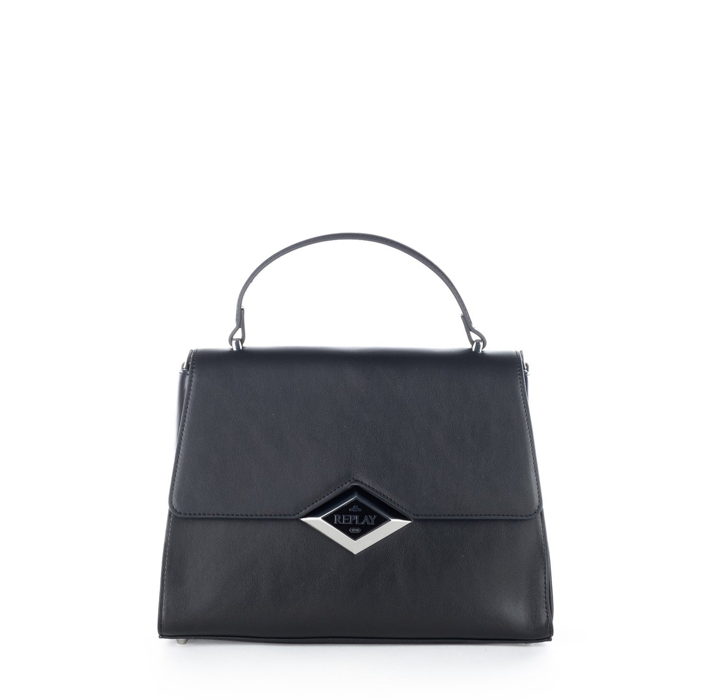 Bolsa Satchel Replay Preta com Aba Estruturada e Logótipo Metálico