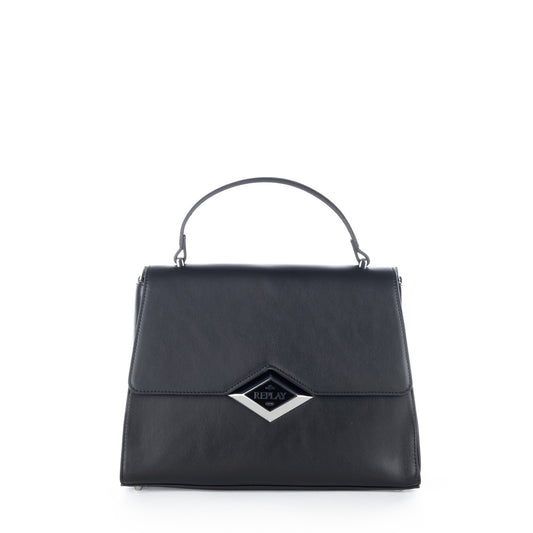 Bolsa Satchel Replay Preta com Aba Estruturada e Logótipo Metálico
