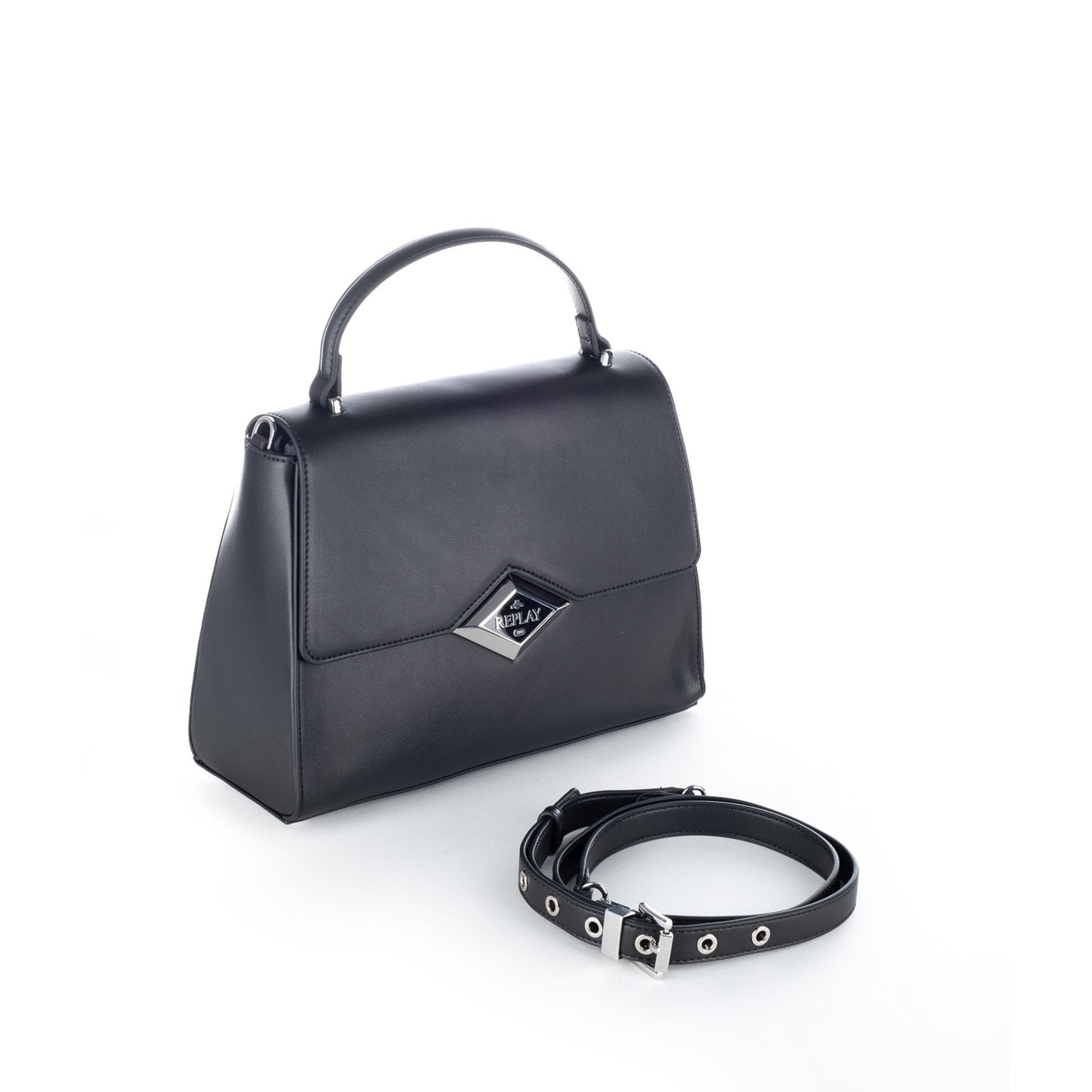 Bolsa Satchel Replay Preta com Aba Estruturada e Logótipo Metálico