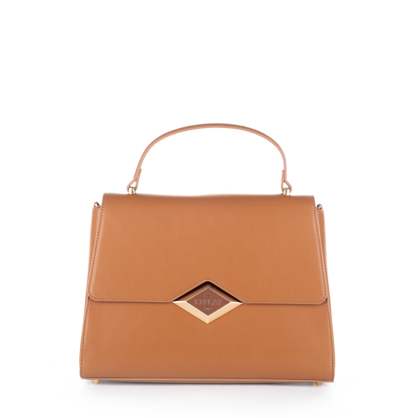 Bolsa Satchel Replay Castanha com Aba Estruturada e Detalhe Metálico