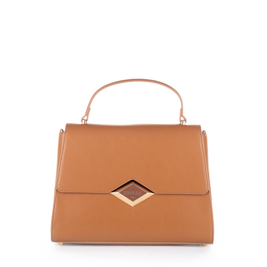 Bolsa Satchel Replay Castanha com Aba Estruturada e Detalhe Metálico