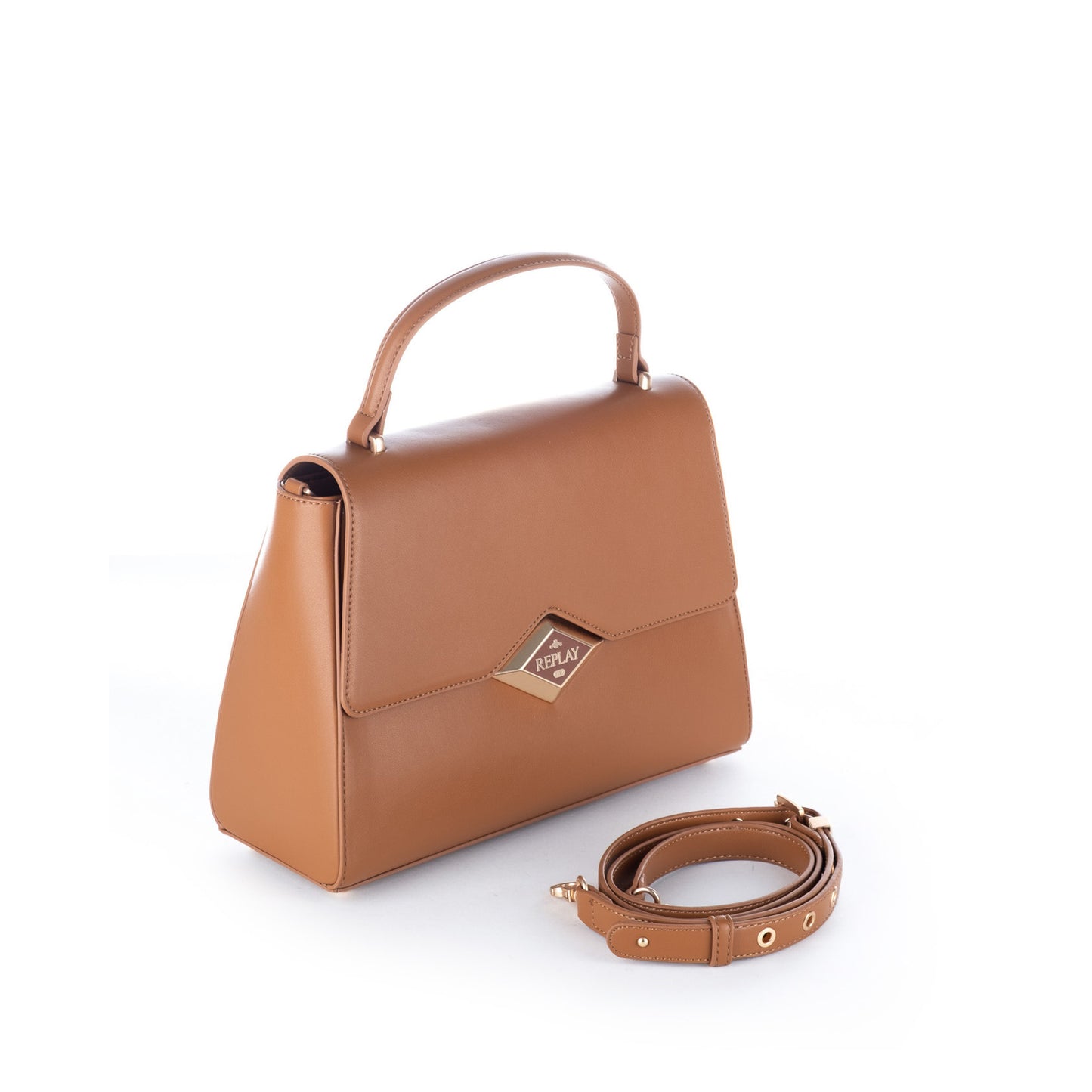 Bolsa Satchel Replay Castanha com Aba Estruturada e Detalhe Metálico