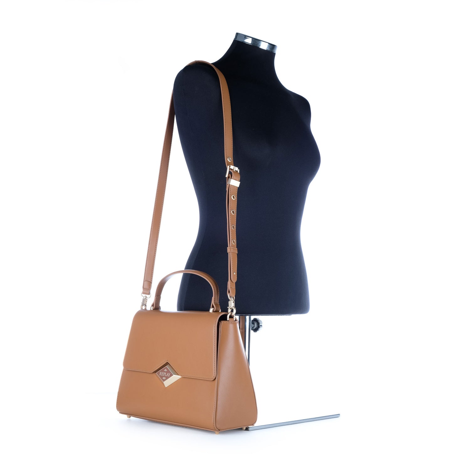 Bolsa Satchel Replay Castanha com Aba Estruturada e Detalhe Metálico