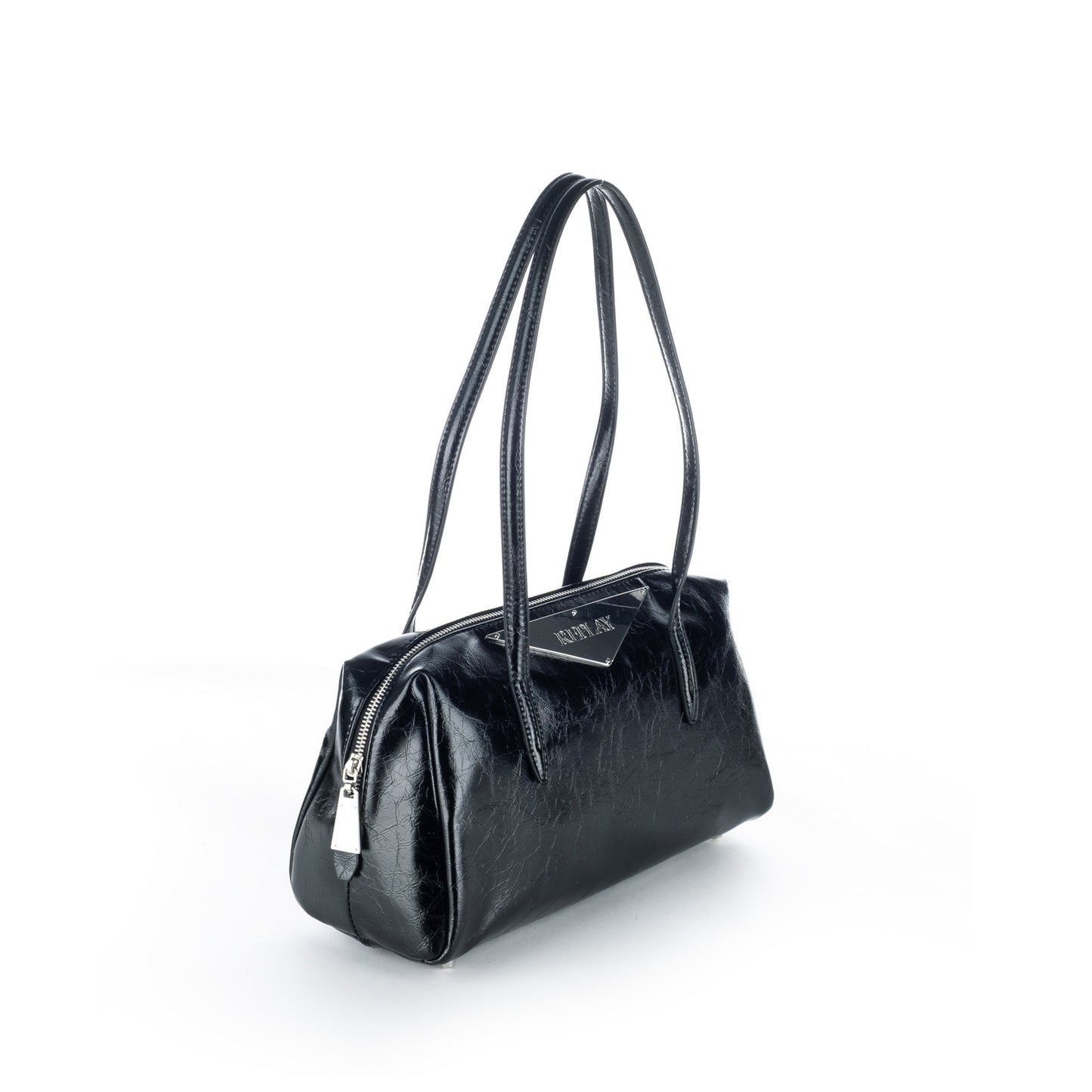 Bolsa de Ombro Replay Preta com Acabamento Enrugado Brilhante