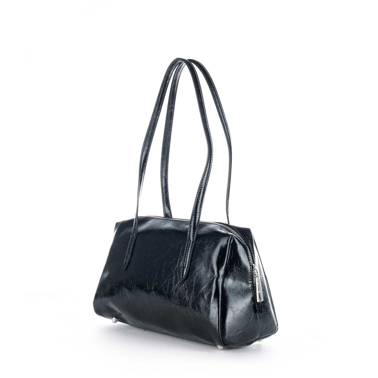 Bolsa de Ombro Replay Preta com Acabamento Enrugado Brilhante