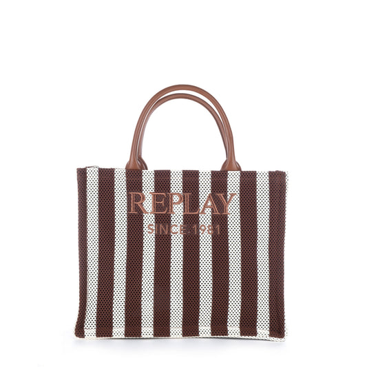 Bolsa Tote Replay Castanha e Branca às Riscas com Logótipo Frontal