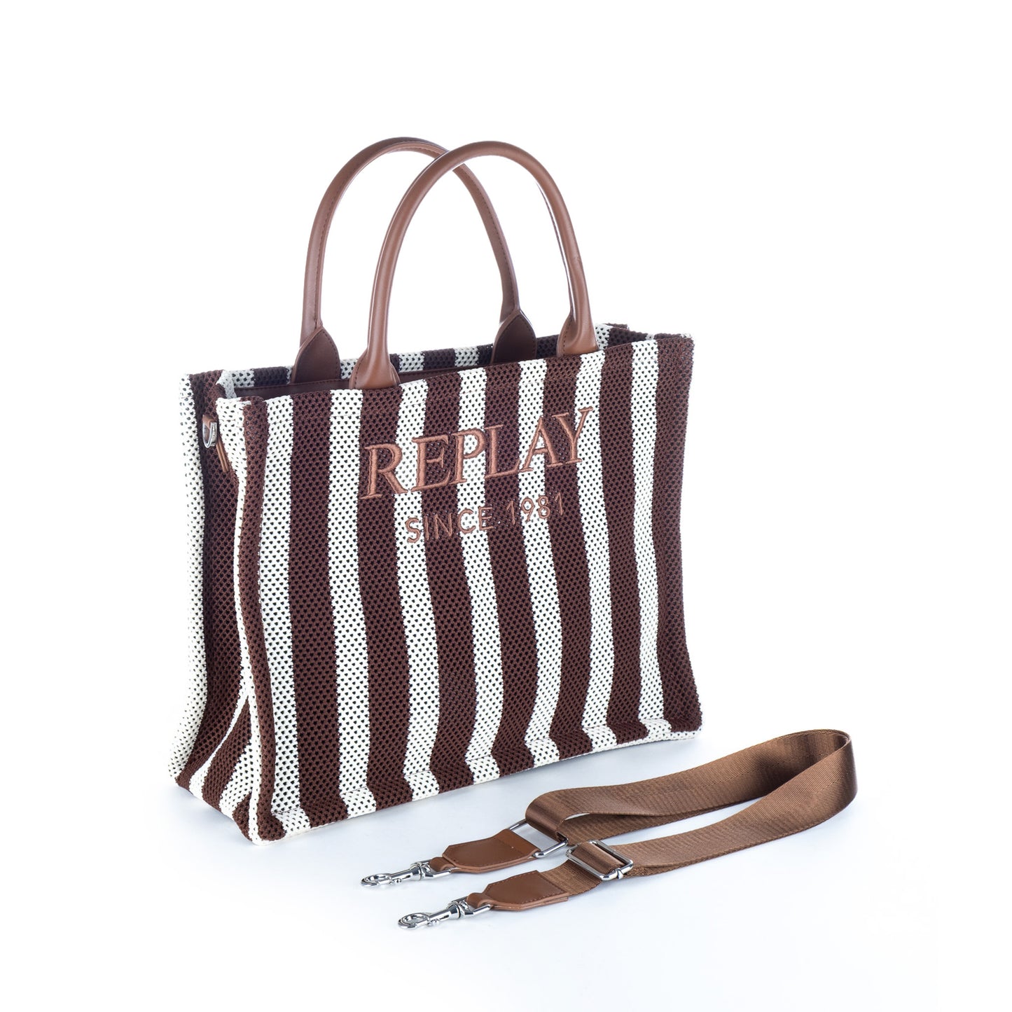 Bolsa Tote Replay Castanha e Branca às Riscas com Logótipo Frontal