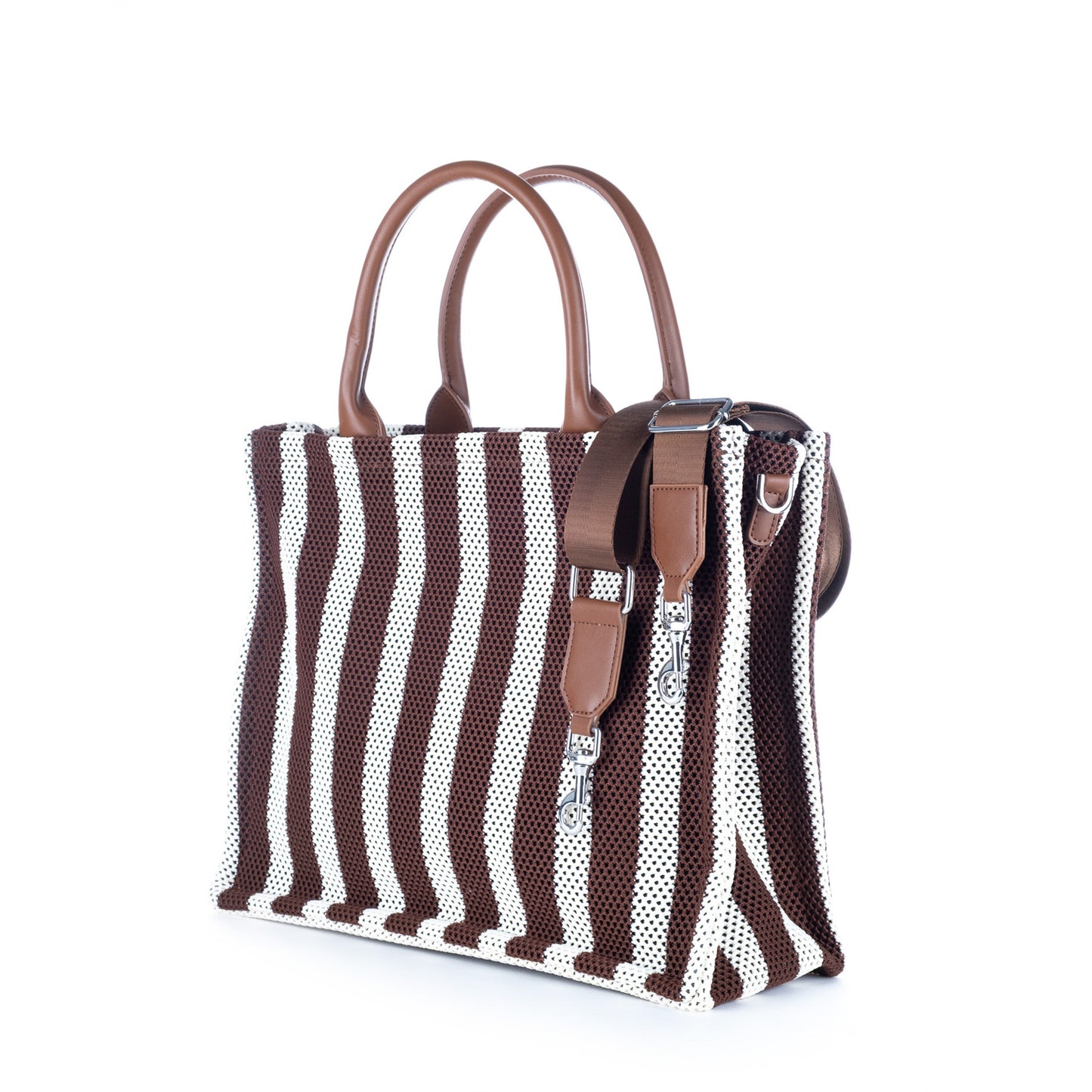 Bolsa Tote Replay Castanha e Branca às Riscas com Logótipo Frontal