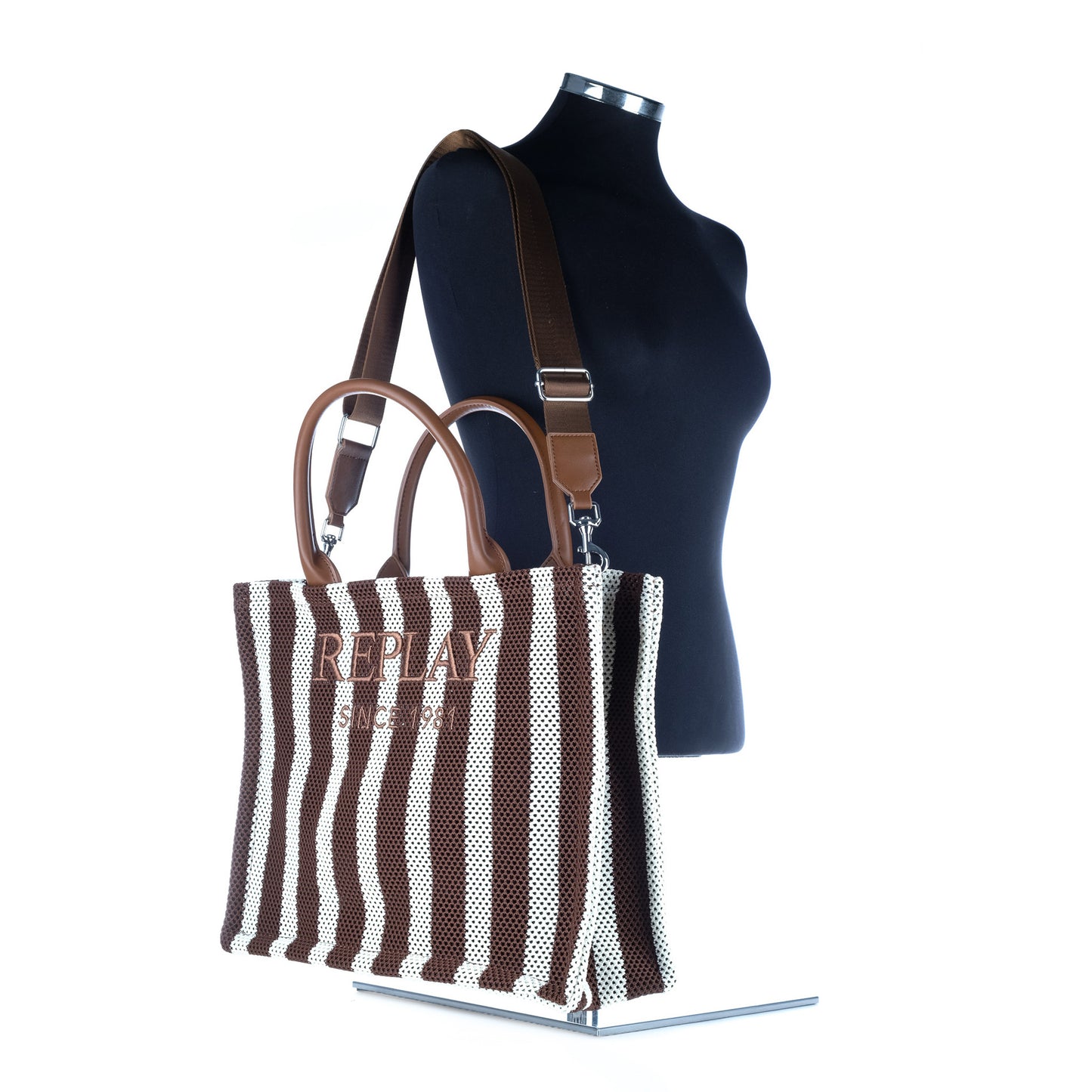 Bolsa Tote Replay Castanha e Branca às Riscas com Logótipo Frontal