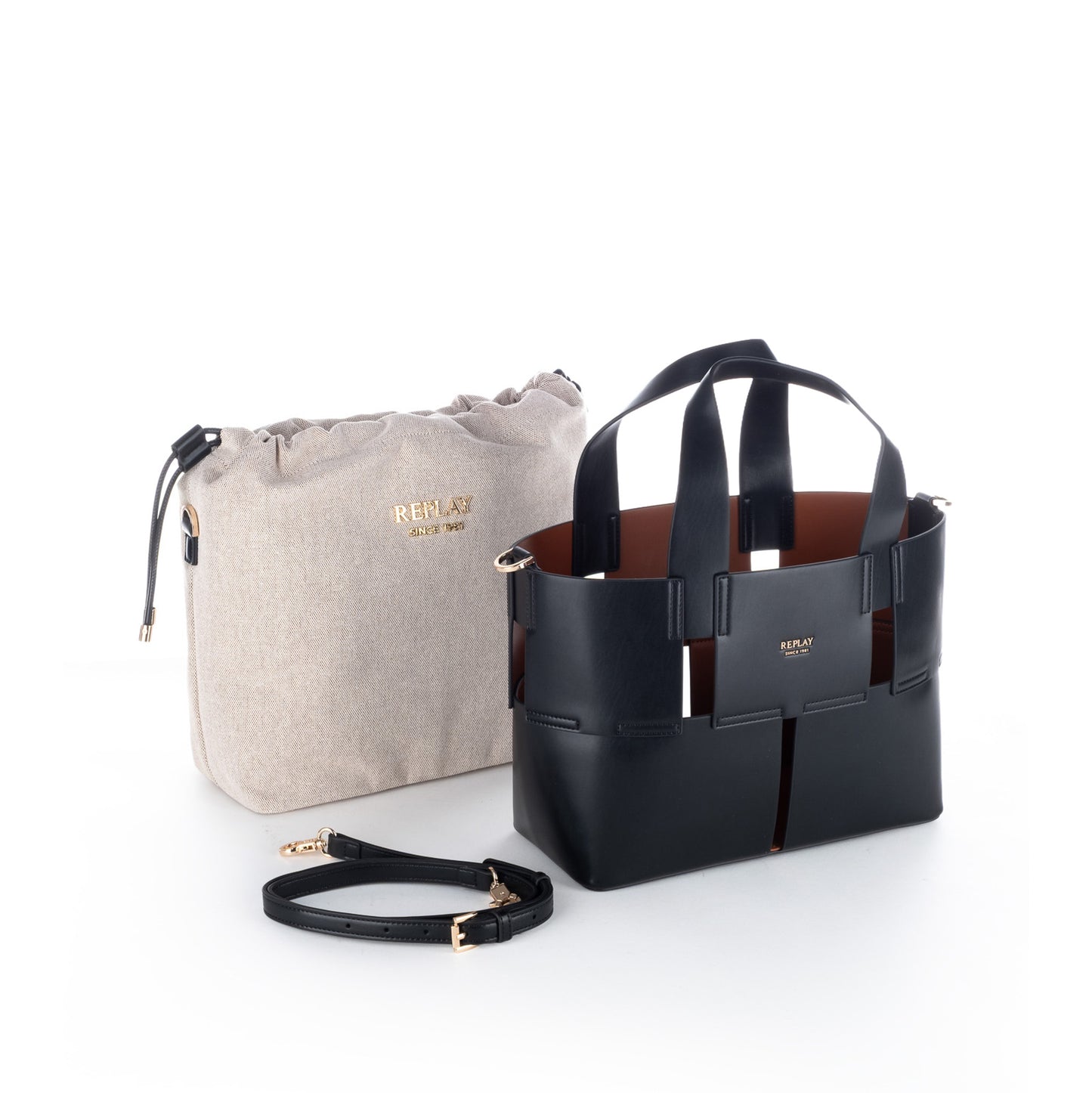 Bolsa Tote Replay Preta e Bege com Bolsa Interior Removível