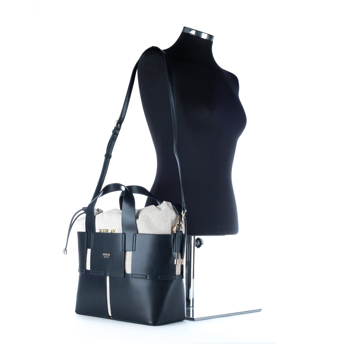 Bolsa Tote Replay Preta e Bege com Bolsa Interior Removível
