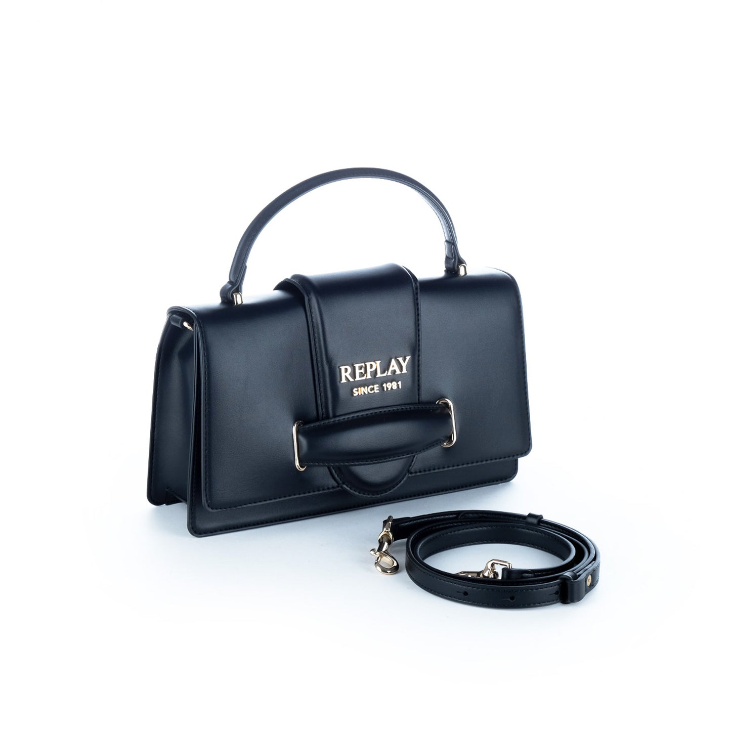 Bolsa Satchel Replay Preta com Alça de Mão e Logótipo Metálico