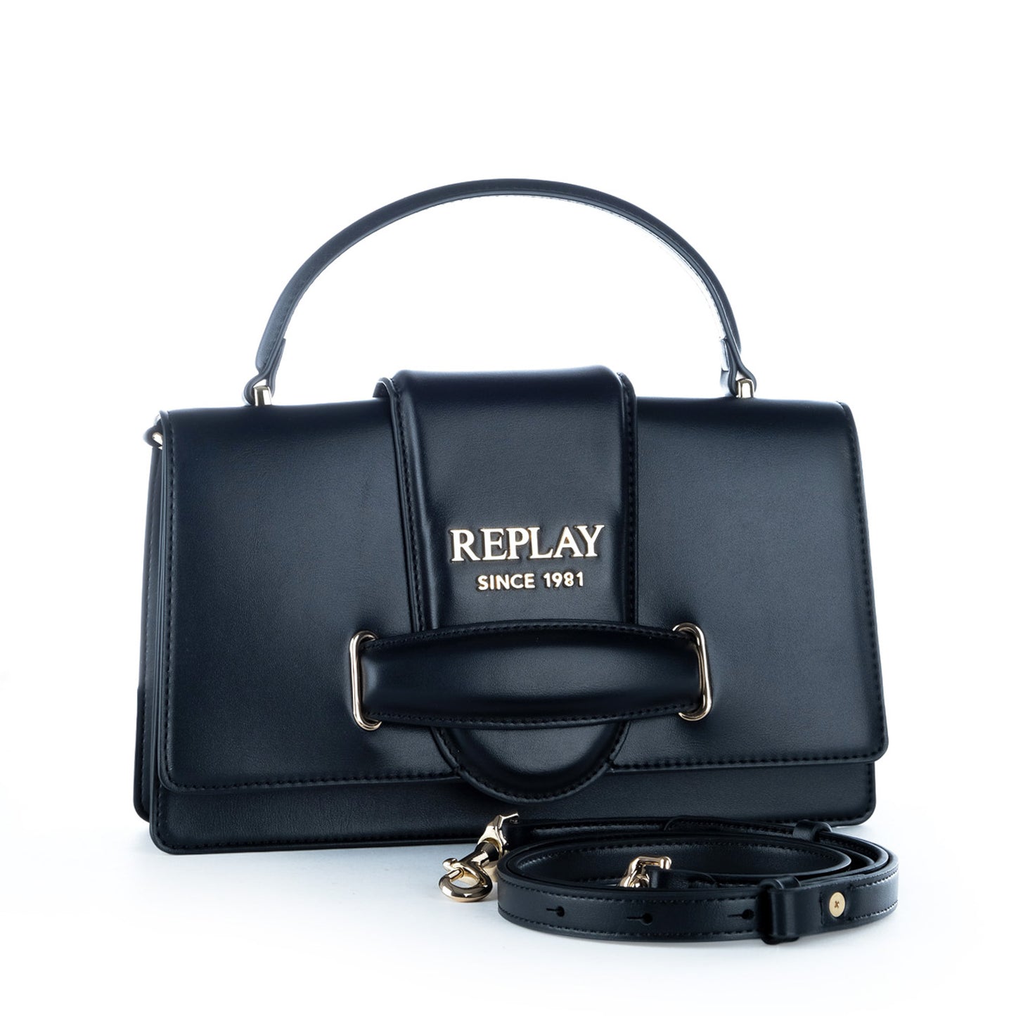 Bolsa Satchel Replay Preta com Alça de Mão e Logótipo Metálico