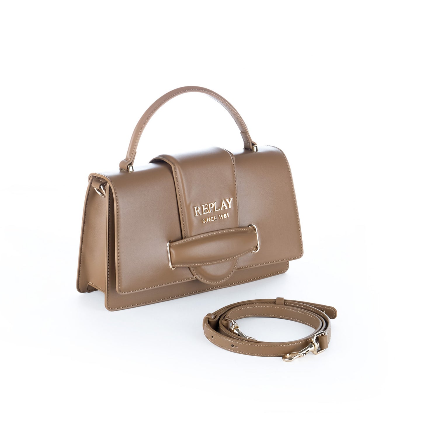 Bolsa Satchel Replay Bege com Alça de Mão e Logótipo Metálico