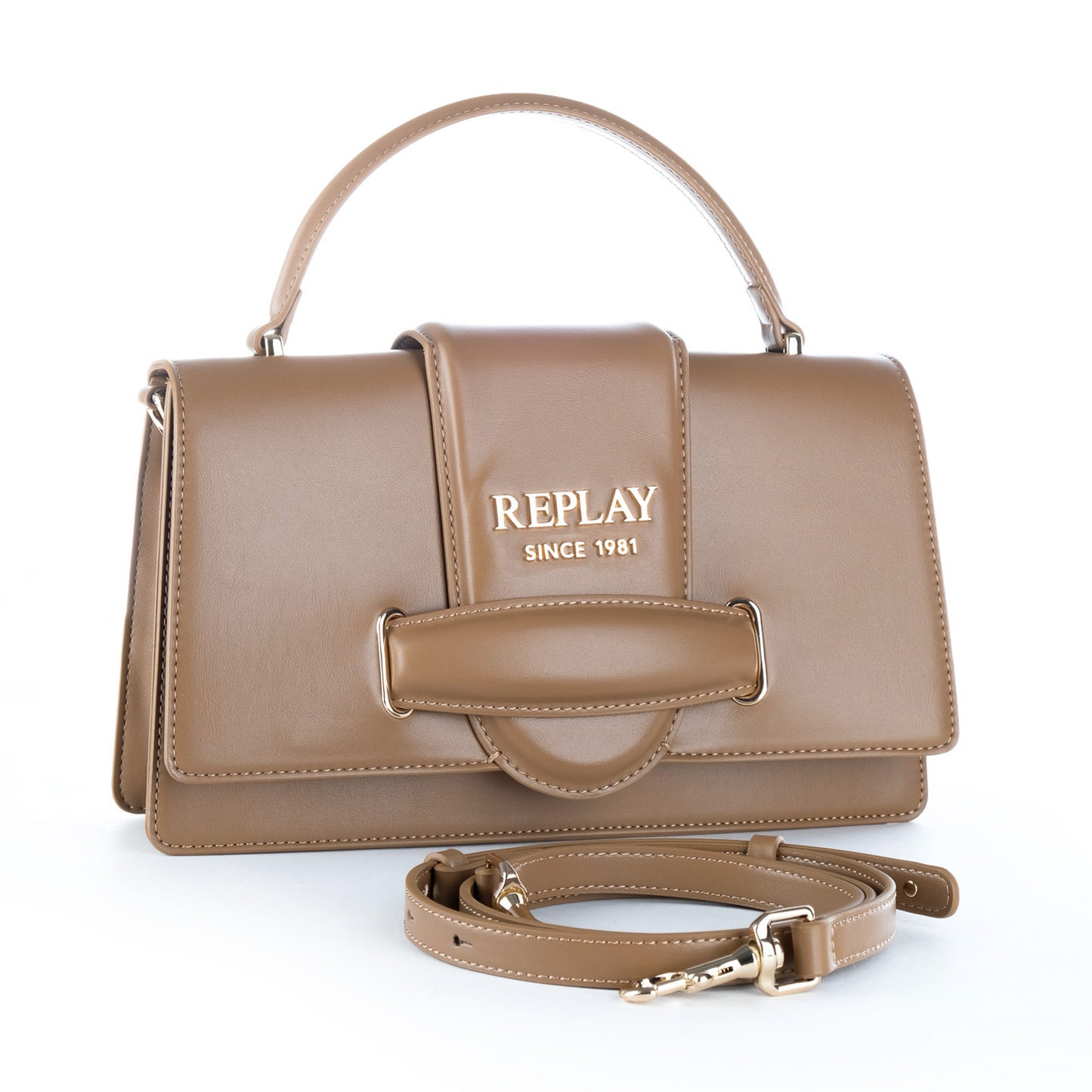 Bolsa Satchel Replay Bege com Alça de Mão e Logótipo Metálico