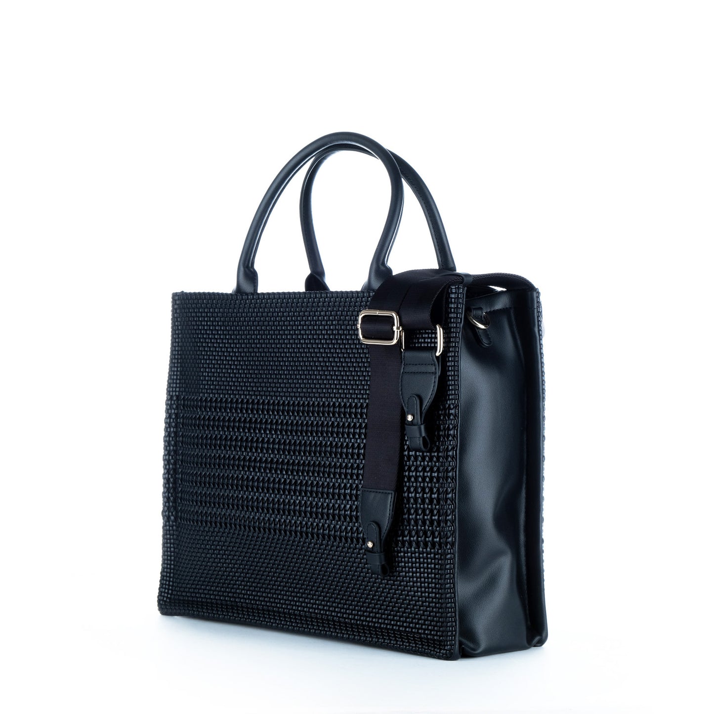 Bolsa Tote Replay Preta com Textura Entrançada e Alça Ajustável