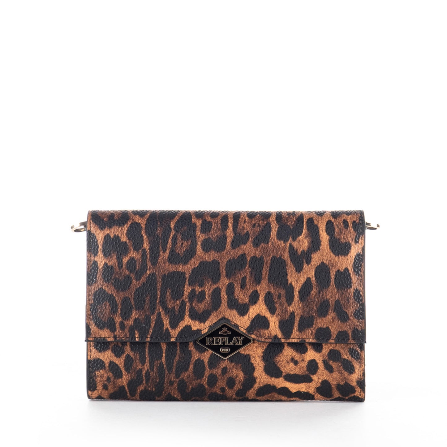 Bolsa Clutch Replay Castanha com Padrão Animal Print e Corrente Dourada