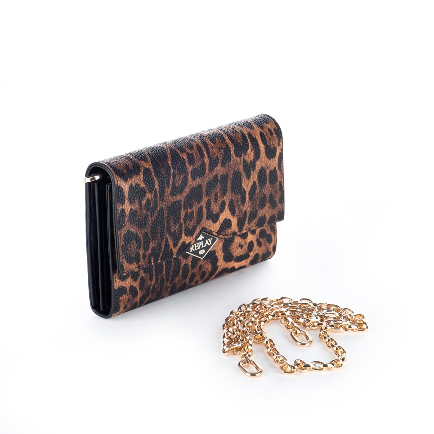 Bolsa Clutch Replay Castanha com Padrão Animal Print e Corrente Dourada